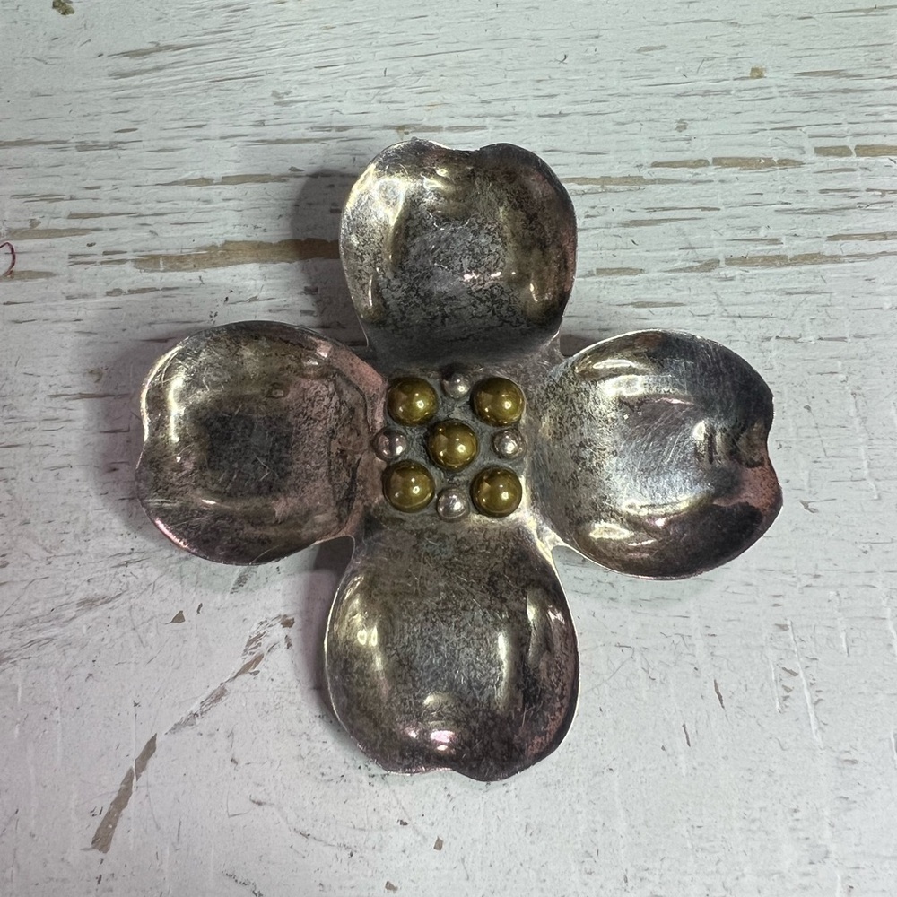 Vintage Mexico Taxco Sterling Silver Dogwood Flower Brooch Necklace Pendant B6